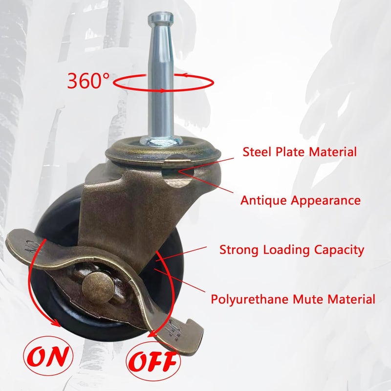 BAISASY 2.0 Inch Antique Caster Wheels, Furniture Wheels 5/16 Inch x 1-1/2 Inch (8 x 38mm) Stem Caster for Furniture Sofa Chair Cabinet Set of 4 - Image 3